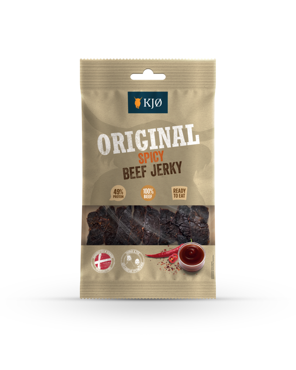 KJØ SPICY FRONT 60g MOCKUP 2026 KJØ ORIGINAL Spicy Beef Jerky 25g